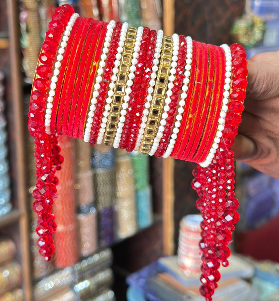 Bridal Beaded Bangles – Crystal & Pearl Hanging Kangan Chura for Weddings & Festive Wear