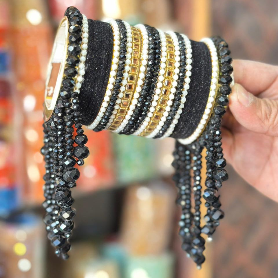 Crystal Beaded Bangles Set with Gold Accents – Elegant Party Wear Jewelry