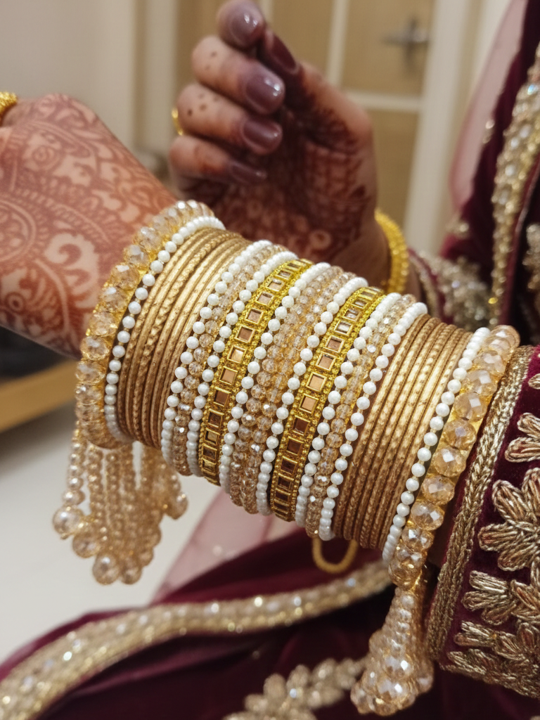 Bridal Beaded Bangles – Crystal & Pearl Hanging Kangan Chura for Weddings & Festive Wear
