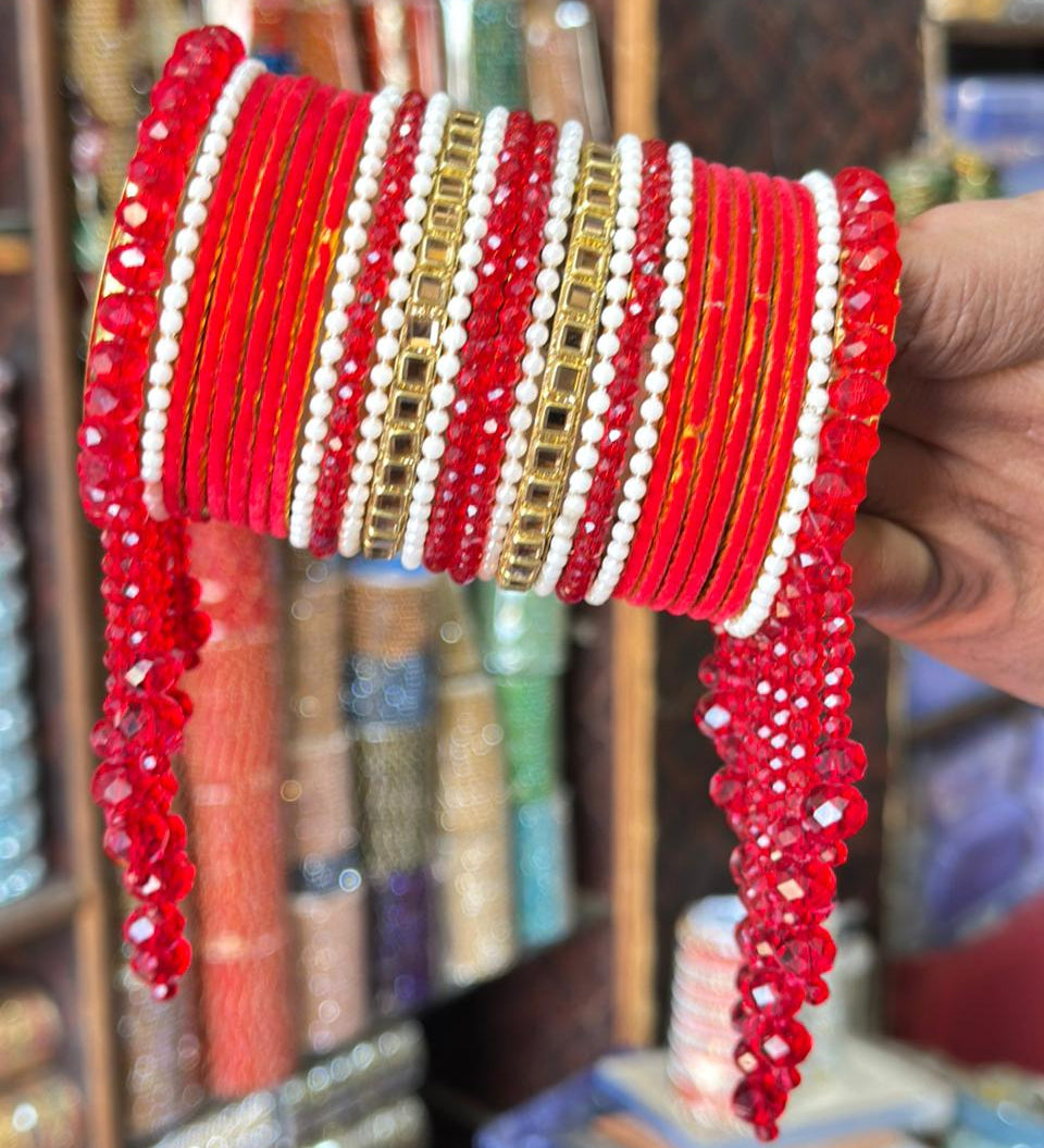 Bridal Beaded Bangles – Crystal & Pearl Hanging Kangan Chura for Weddings & Festive Wear